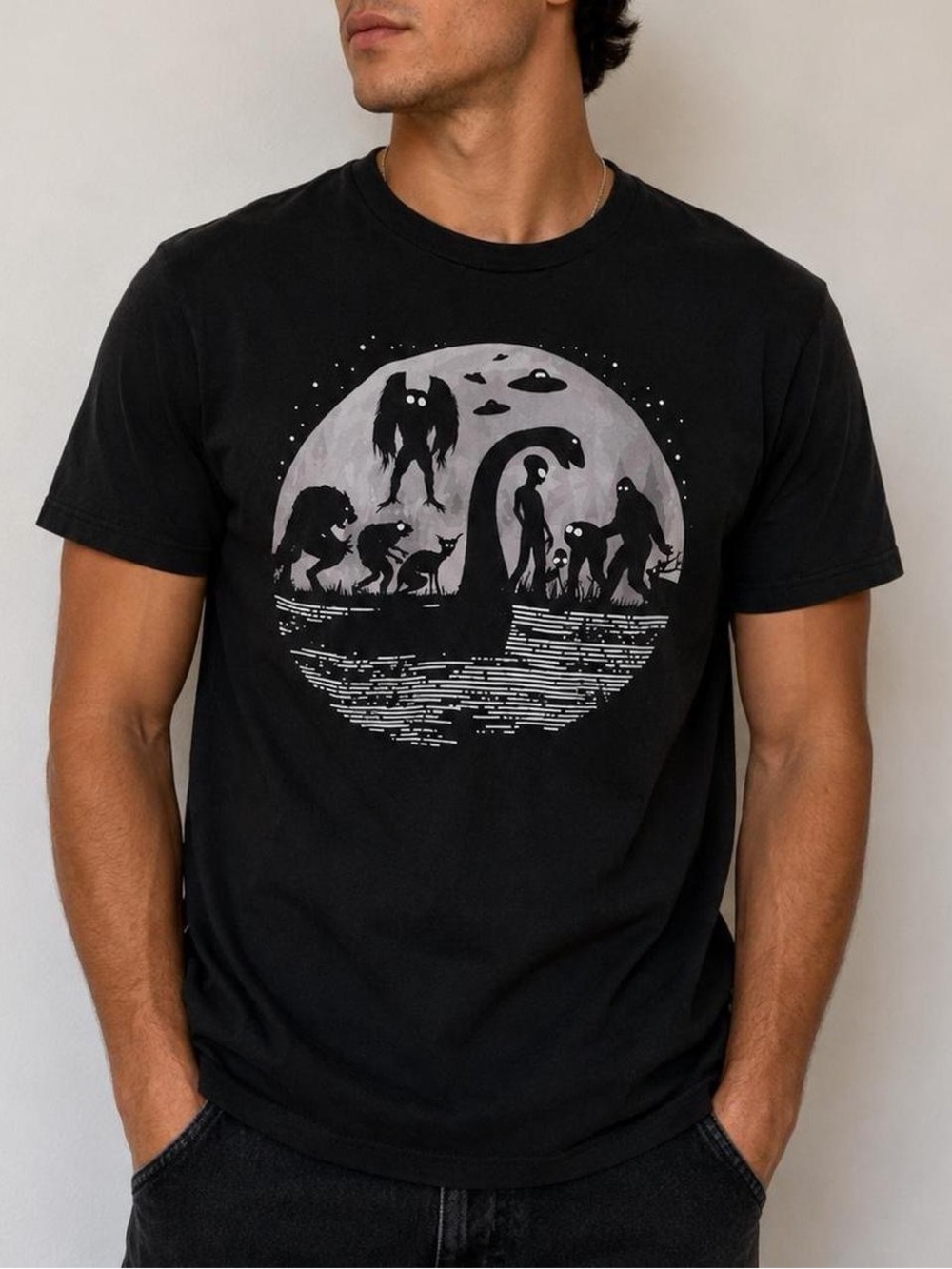 Cryptid Squad Graphic T-Shirt - Black Bigfoot Mothman UFO Tee (Size Small)